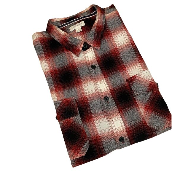 Sun + Stone Men’s  Flannel Button Down Tattersall Shirt Plaid Red Black- XXL - Picture 2 of 14